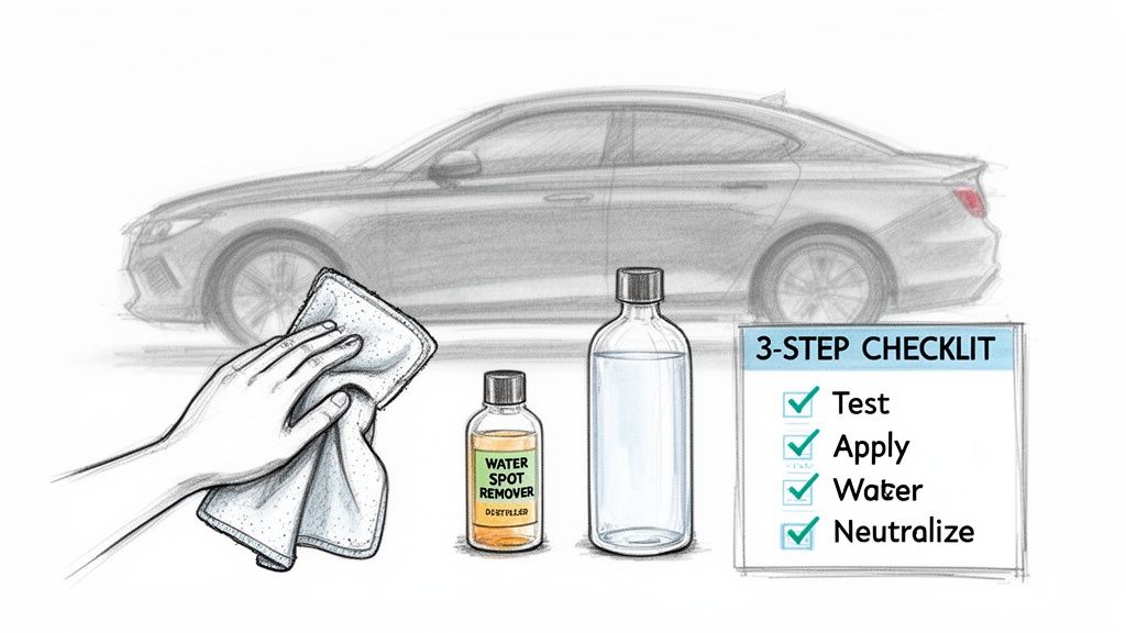 Illustration showing a hand with a cloth, water spot remover, and checklist for car water spot removal.
