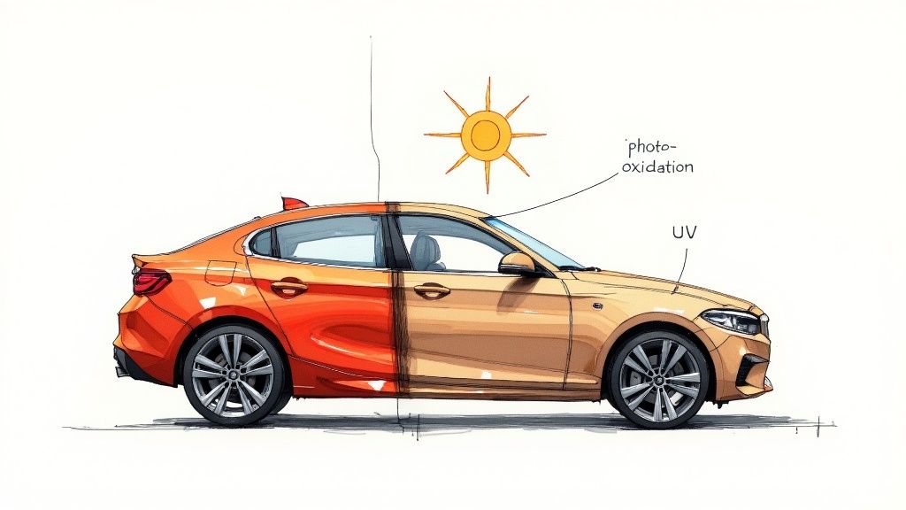 A close-up shot of a detailing professional applying a protective coating to a glossy black car hood, showing the reflection of overhead lights.