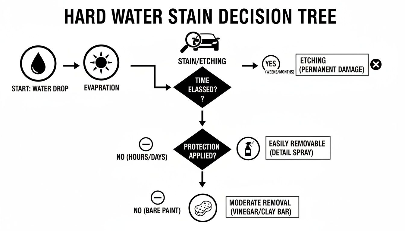 Flowchart illustrating the hard water stain decision tree for car paint, detailing various removal stages.