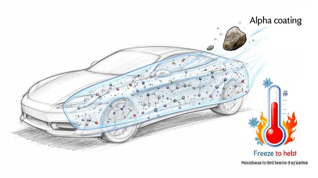 A car sketch with a transparent 'Alpha coating' showing molecular protection and temperature regulation.