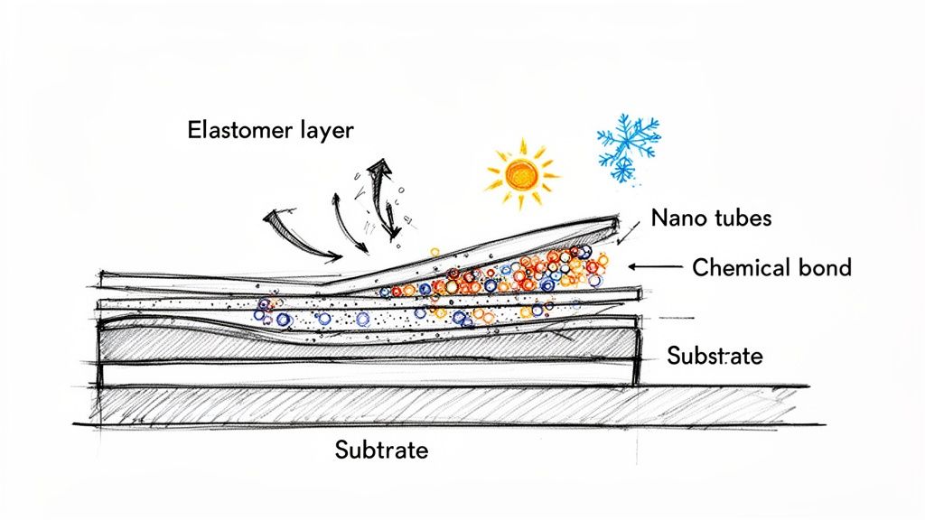 Diagram of a smart multi-layered material with elastomer and nanotubes, responding to temperature changes.