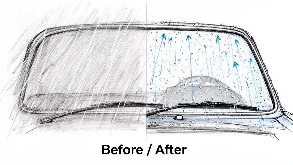 Sketch illustrating a car windshield before and after water repellent application, showing rain and water beading.