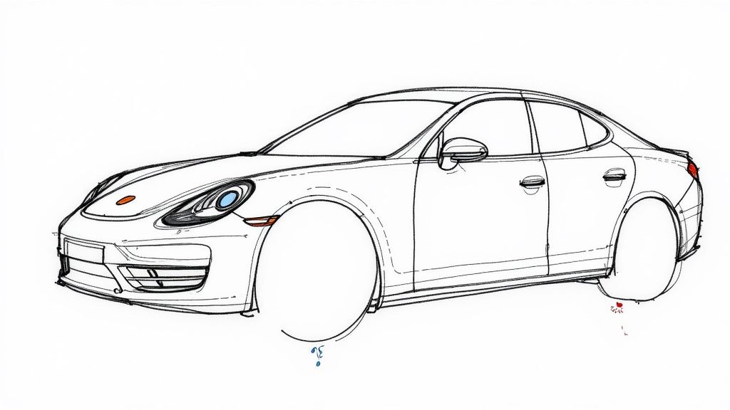 Detailed black and white line drawing of a Porsche Panamera car, unfinished, with minimal color accents.