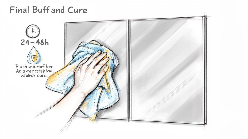 A hand uses a plush microfiber cloth to buff a reflective surface as a final step.