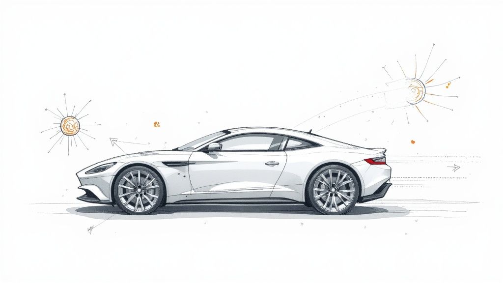 Side profile illustration of a white Aston Martin-like sports car with dynamic energy elements.