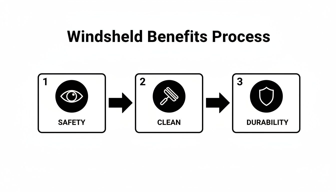 A three-step diagram illustrating the windshield benefits process: safety, clean, and durability.