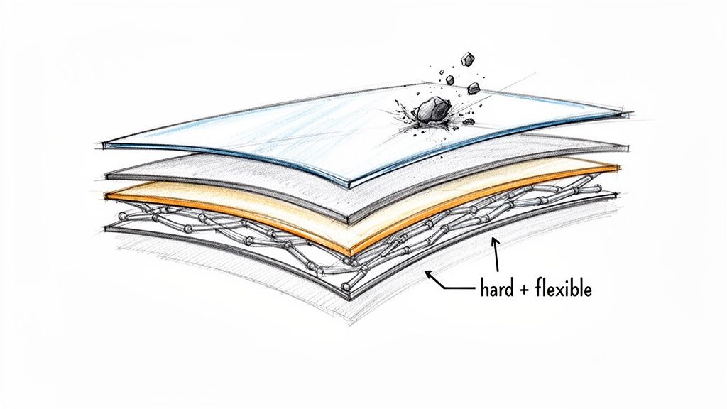 A multi-layered material showing a top impact-resistant layer absorbing a rock strike, with a 'hard + flexible' core.