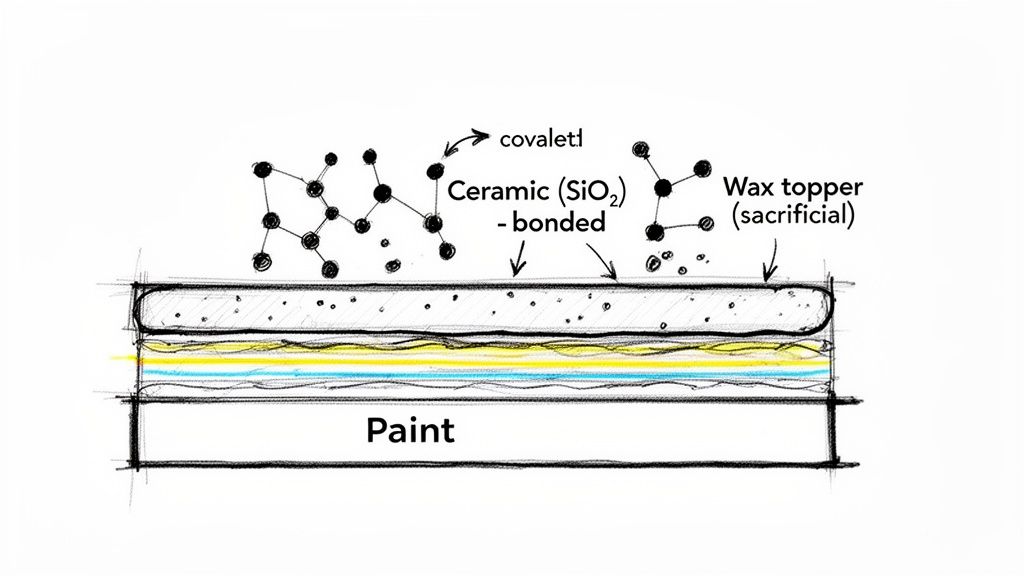 Diagram illustrating paint layers with a ceramic (SiO2) bonded coating and a sacrificial wax topper.