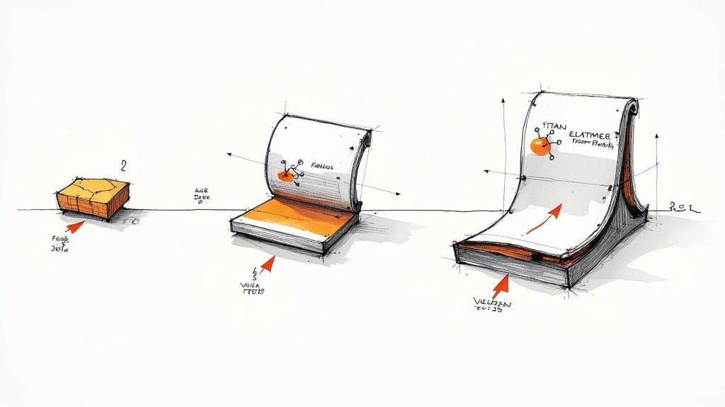 A series of three architectural sketches illustrating the evolution of a design from a simple block to a curved structure.