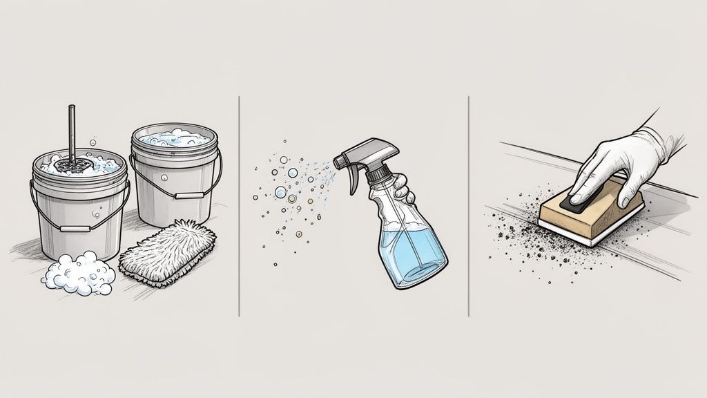 Three-step illustration of cleaning a car, including washing, spraying, and buffing with a pad.