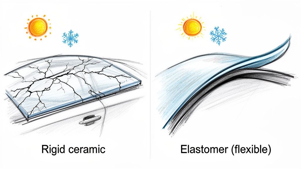 Illustration comparing rigid ceramic cracking and flexible elastomer adapting to sun and snow temperatures.