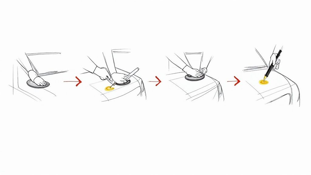 A four-step illustration showing the application of a ceramic coating or wax to a car's surface.