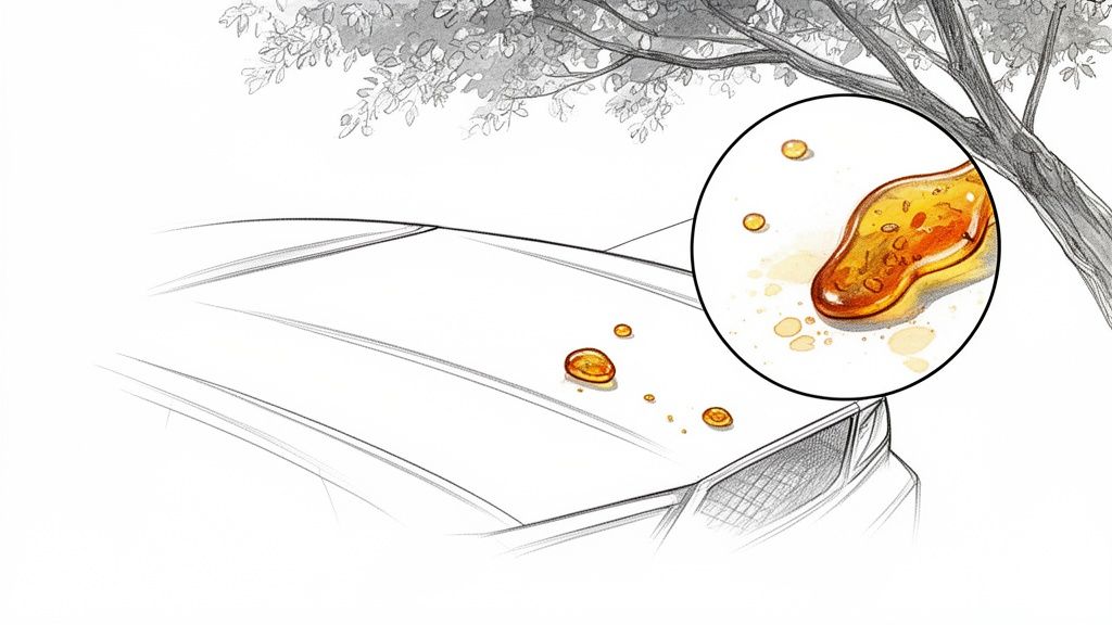 Tree sap drips onto a car's hood, shown with a detailed close-up of the sticky residue.