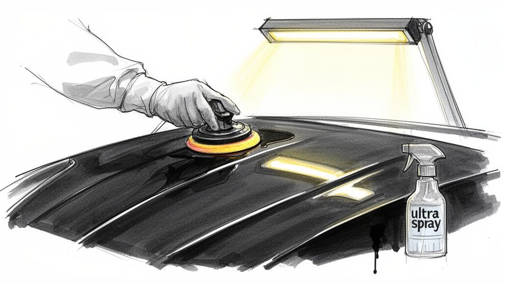 A gloved hand uses a rotary polisher to buff the glossy black hood of a car under bright lighting.