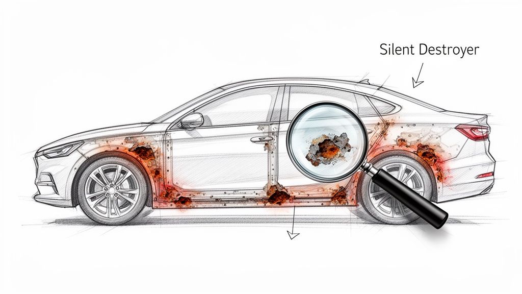 A detailed sketch of a car showing extensive rust and corrosion, with a magnifying glass highlighting the damage.