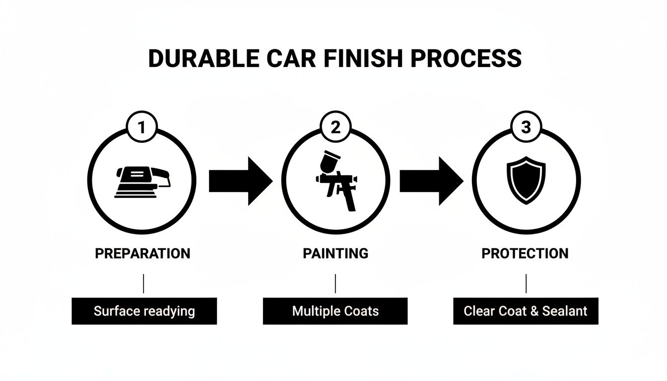 Diagram illustrating the durable car finish process, including preparation, painting with multiple coats, and protection.