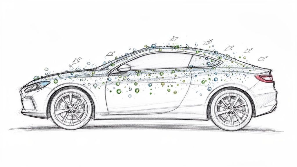 A sketch of a white car covered in colorful green and blue droplets, illustrating a paint cleaning or protection process.
