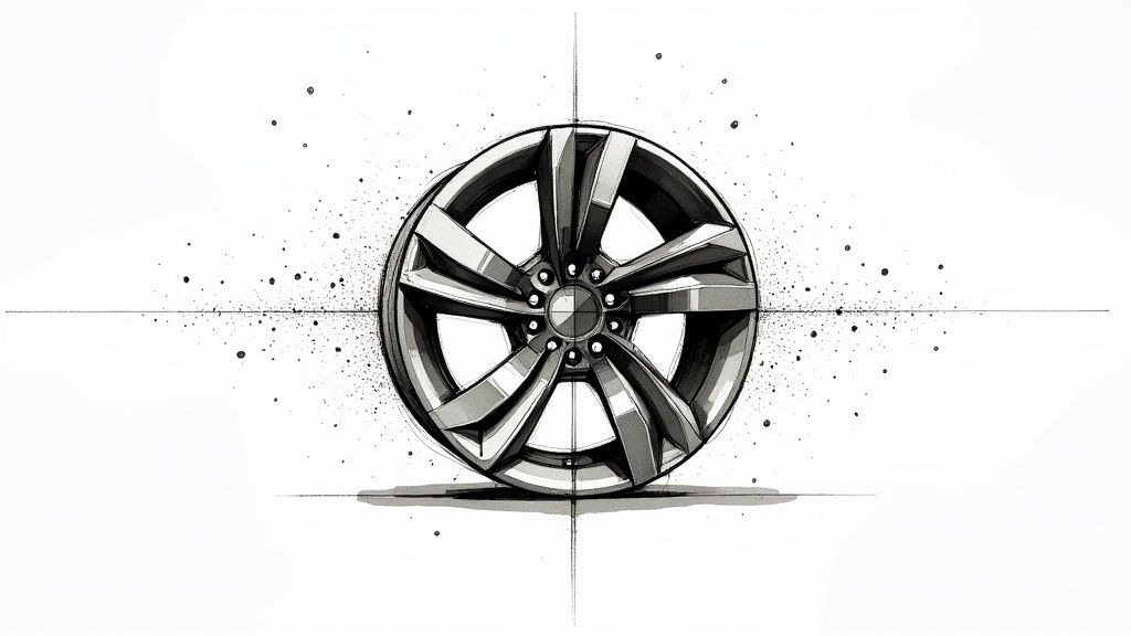 A detailed black and white sketch of a modern car wheel rim with multiple spokes.