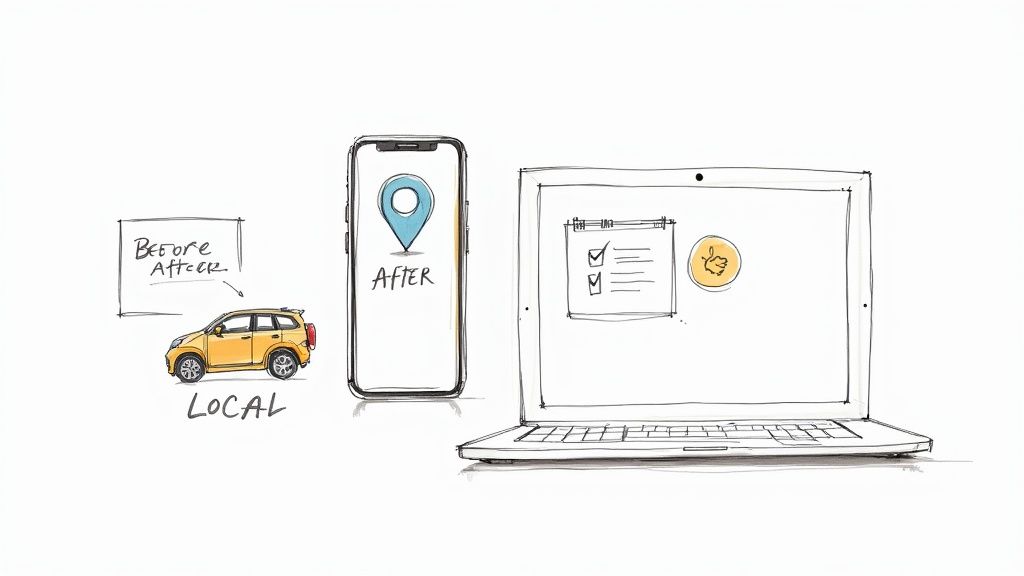Illustration: a yellow car, smartphone with location, and laptop showing a checklist for car detailing.