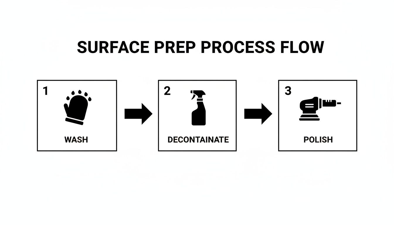 A surface preparation process flow diagram showing steps for washing, decontaminating, and polishing.