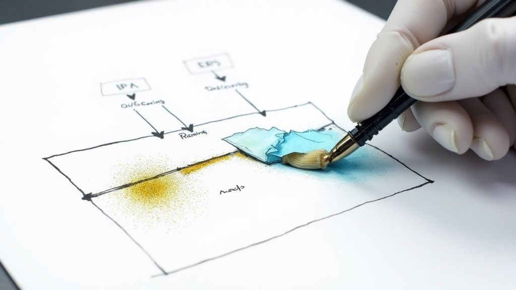 A gloved hand brushes blue liquid onto a scientific diagram about decontamination on white paper.