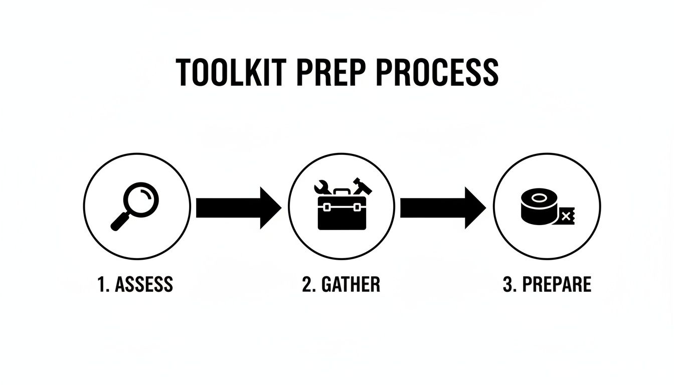 Flowchart detailing the three steps of a toolkit preparation process: assess, gather, and prepare.