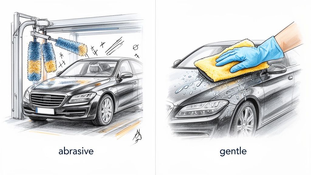 Illustration contrasting car washing methods: abrasive automatic brushes on one car vs. a gentle hand wash with a mitt on another.