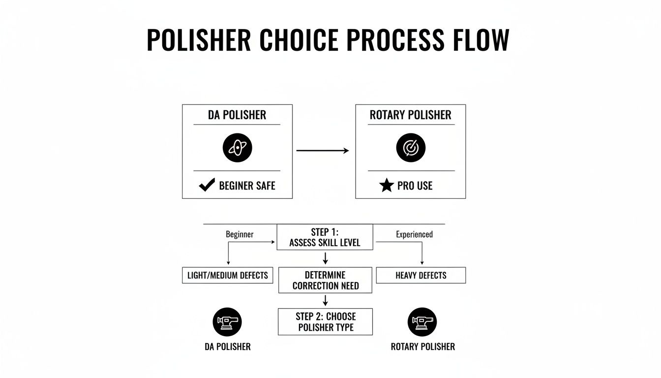 A flowchart demonstrating the polisher choice process, guiding users to select between DA and Rotary polishers based on skill level and defect severity.