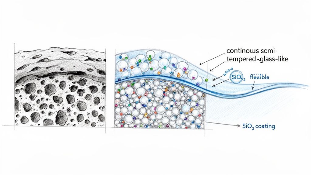 Diagram illustrating a flexible semi-tempered glass-like SiO2 coating on a porous ceramic substrate.