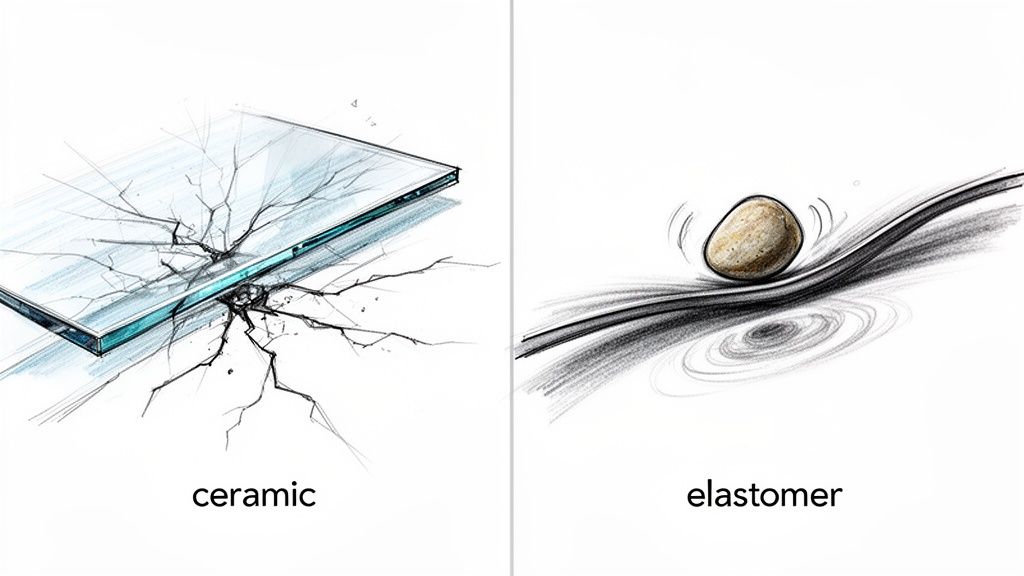 Illustrations comparing ceramic brittleness (cracked glass) with elastomer elasticity (bouncing stone).