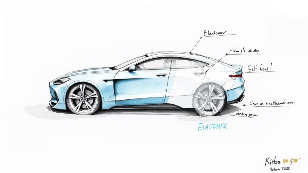 Detailed sketch of a light blue concept car highlighting 'Elastomer' and 'Self heal' body features.
