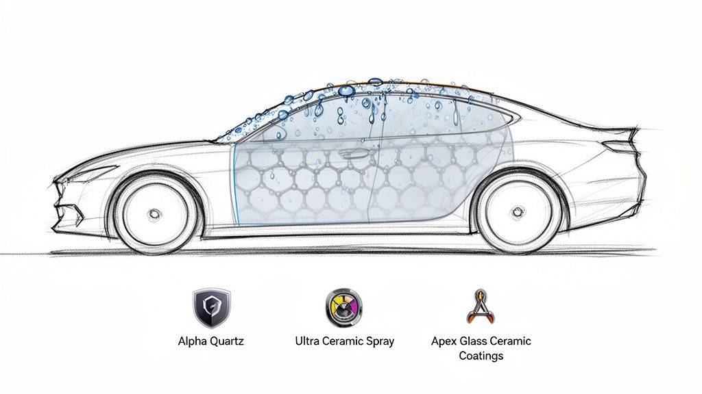 A sketch of a car showing water beading on a ceramic-coated surface, with product logos below.