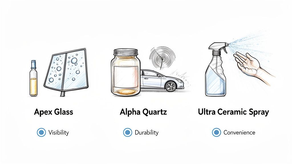 Three automotive coating products: Apex Glass for visibility, Alpha Quartz for durability, and Ultra Ceramic Spray for convenience.