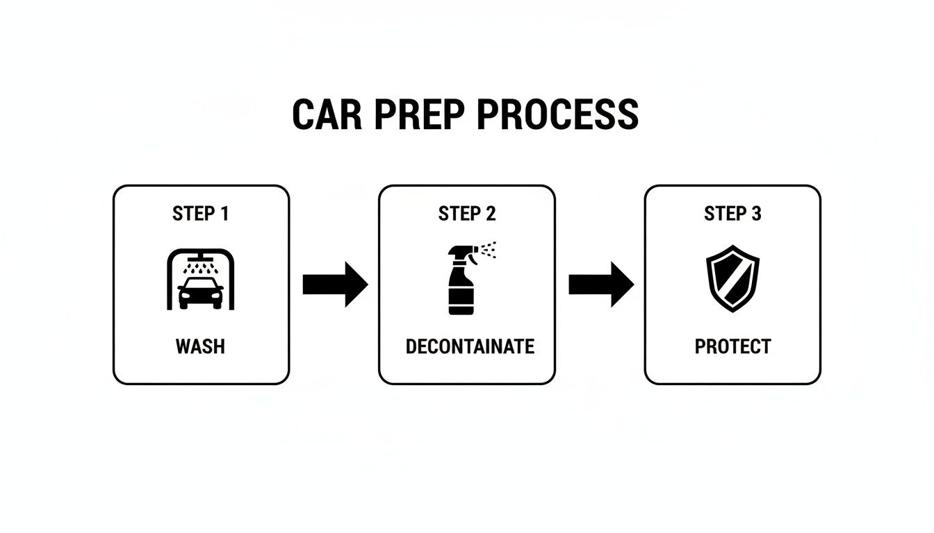 A visual guide illustrating the car prep process: wash, decontaminate, and protect, with corresponding icons.