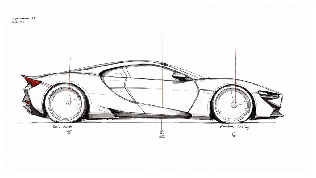 A detailed side profile sketch of a modern sports car illustrating car detailing services.