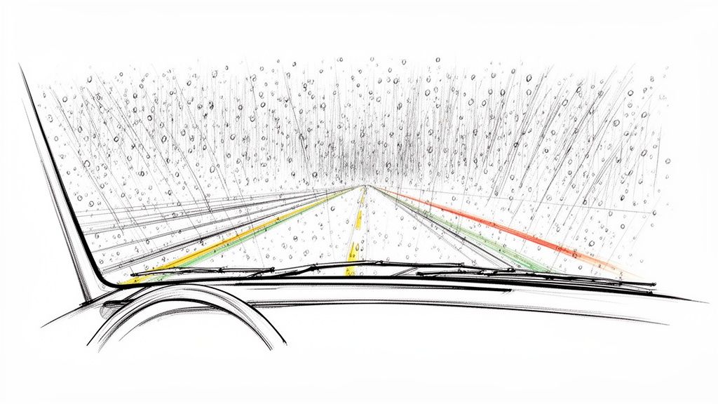 Rainy car windshield sketch showing a road with advisory colored lane lines.