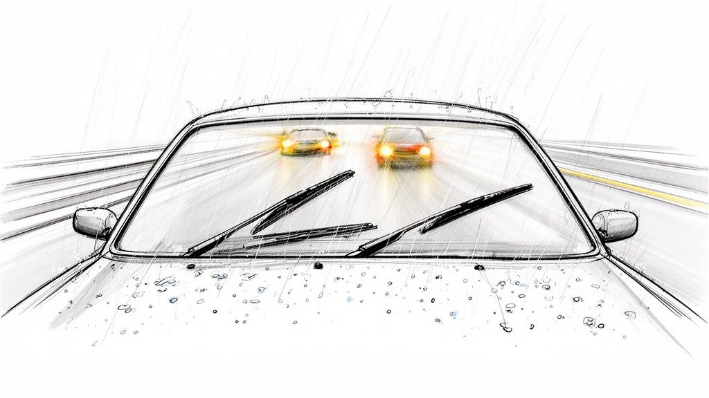 Driver's view through a wet windshield during a rainy drive, with oncoming cars visible.