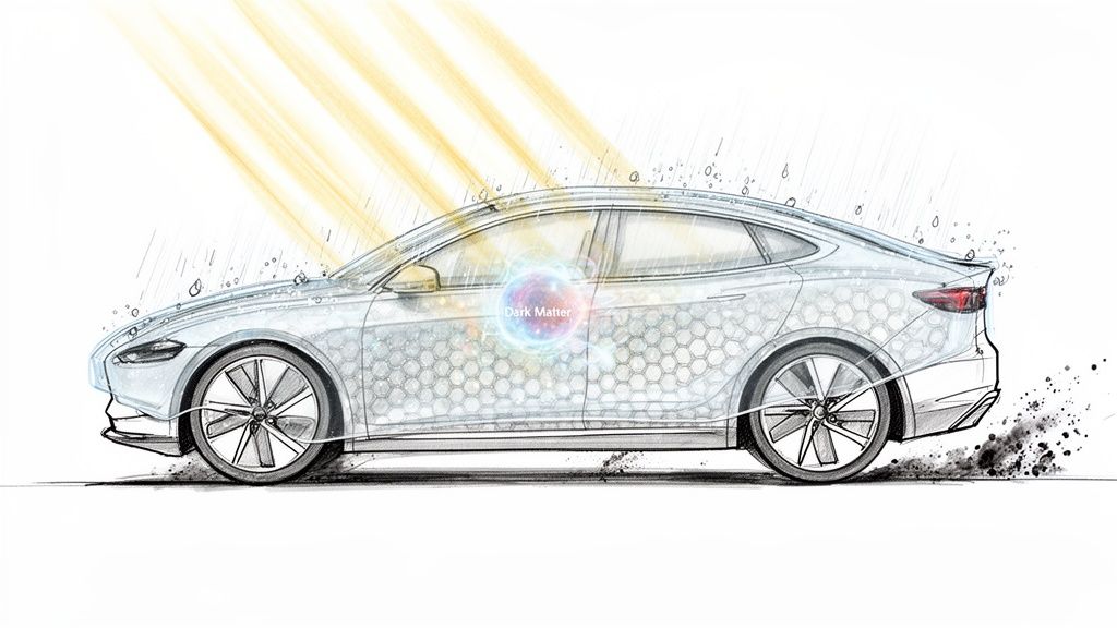 Illustration of a futuristic car with a hexagonal pattern, protected by a dark matter field from rain and sun.