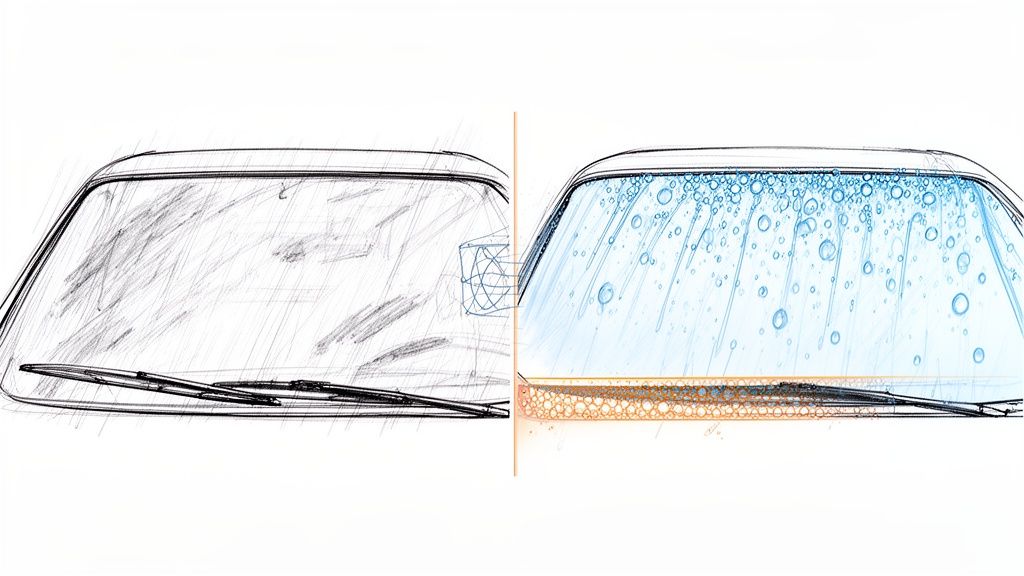 A split image contrasting a dirty car windshield with a clean, water-repellent one.