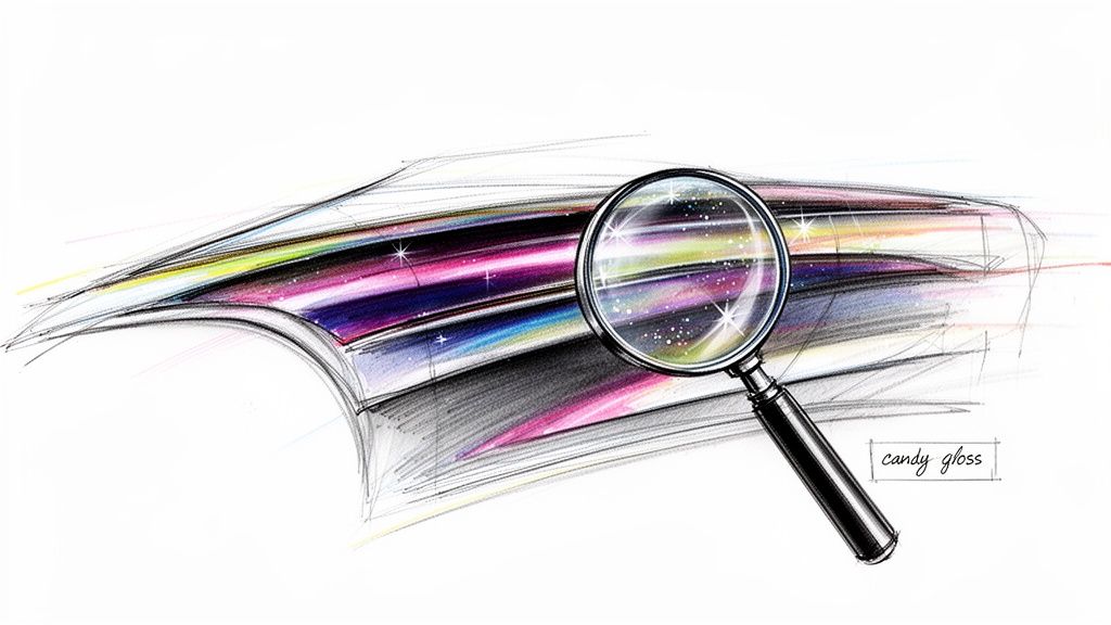Car design sketch with vibrant, glossy paint and a magnifying glass revealing sparkling details.