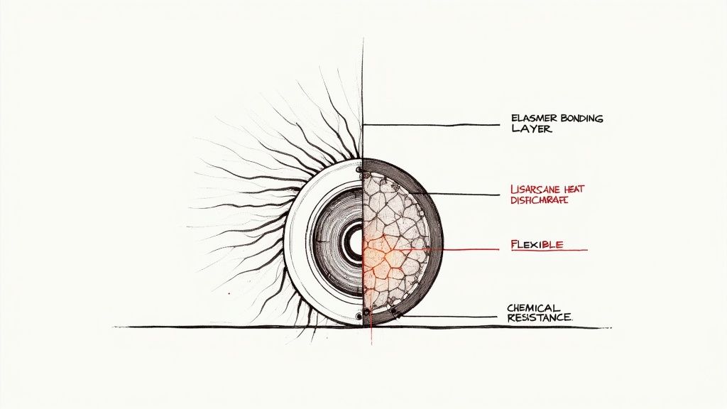 Detailed diagram illustrating material layers with properties like heat dissipation, flexibility, and chemical resistance.