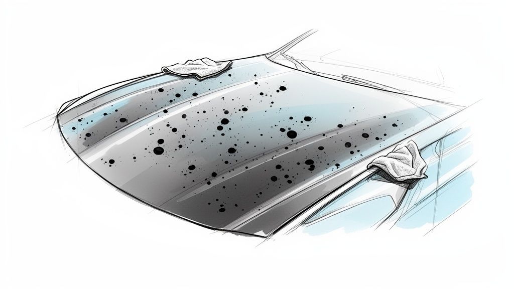 A sketch illustration of a car hood covered in black tar spots with two cleaning cloths.
