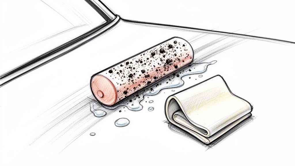 A clay bar covered in dirt and water next to a folded cleaning cloth on a car's surface.