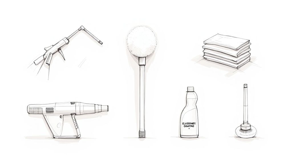 A collection of sketched car detailing tools and supplies on a white background.