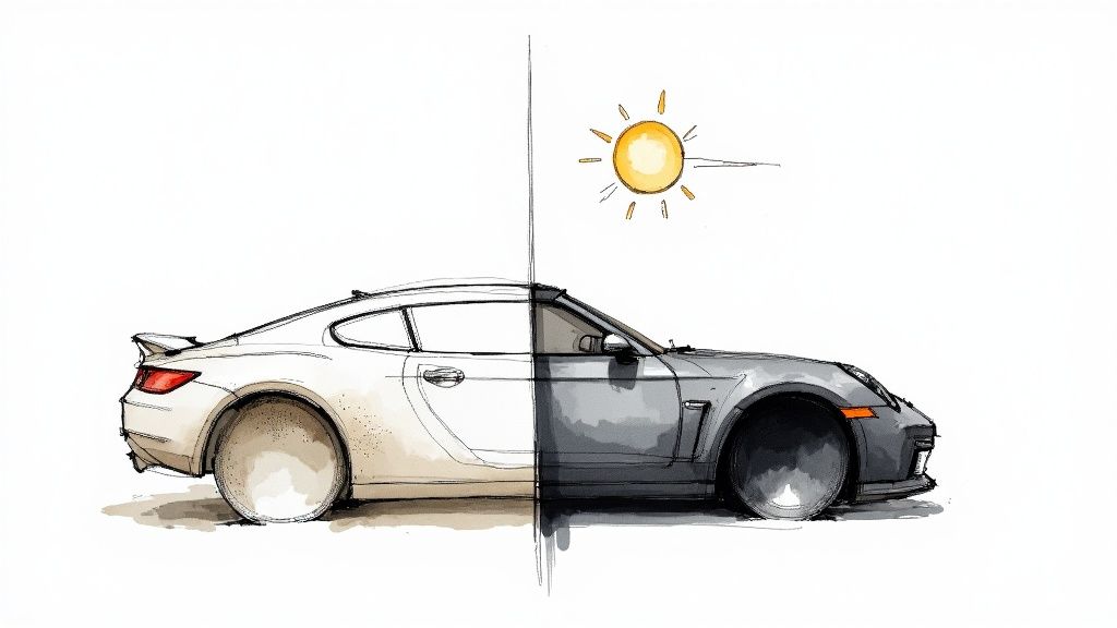 Illustration of a car split in half: one side dirty white, the other clean grey under the sun.