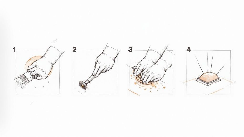 Four steps illustrating the application, buffing, and polishing process for a marine ceramic coating on a surface.