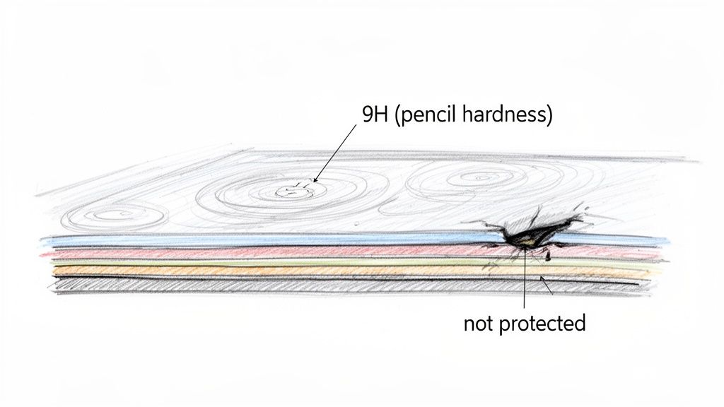 Diagram illustrating 9H pencil hardness test on layered materials, showing deep damage where unprotected.