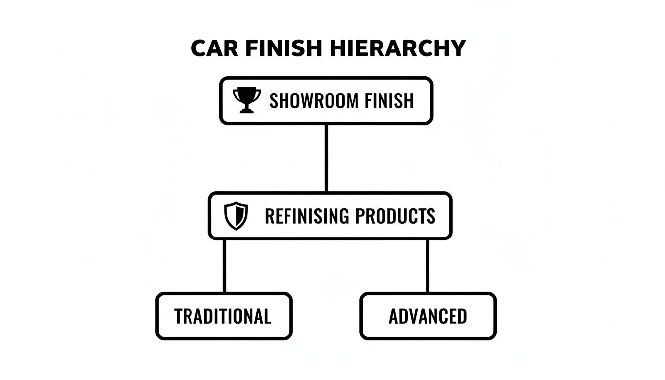 Diagram illustrating the car finish hierarchy, showing Showroom Finish, Refinishing Products, Traditional, and Advanced options.