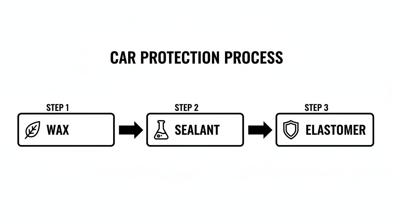 Flow chart detailing a three-step car protection process: wax, sealant, and elastomer application.