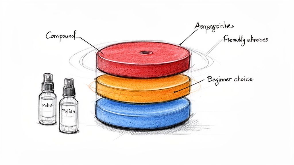 Illustration showing stacked car polishing pads and two polish bottles, with 'Compound' and 'Beginner choice' labels.